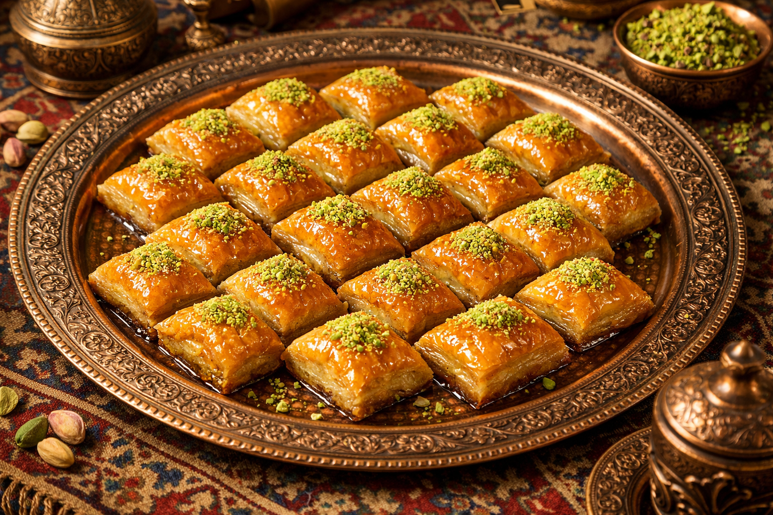 Tepside altın rengi baklava dilimleri