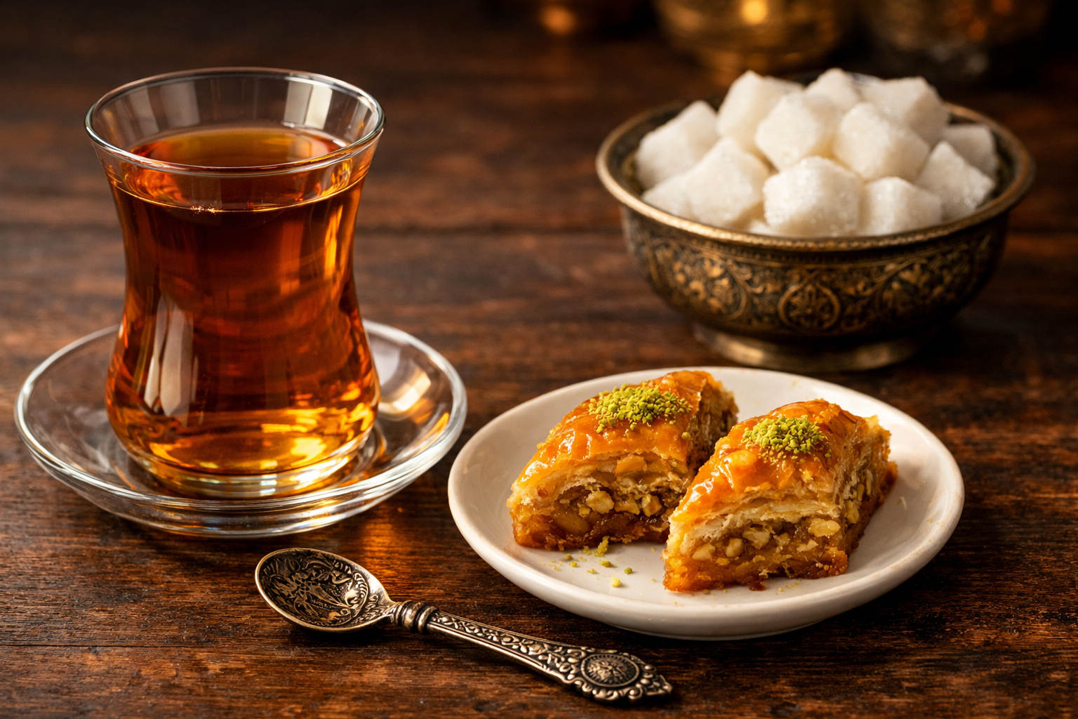 Demli Türk çayı ve baklava dilimi yan yana