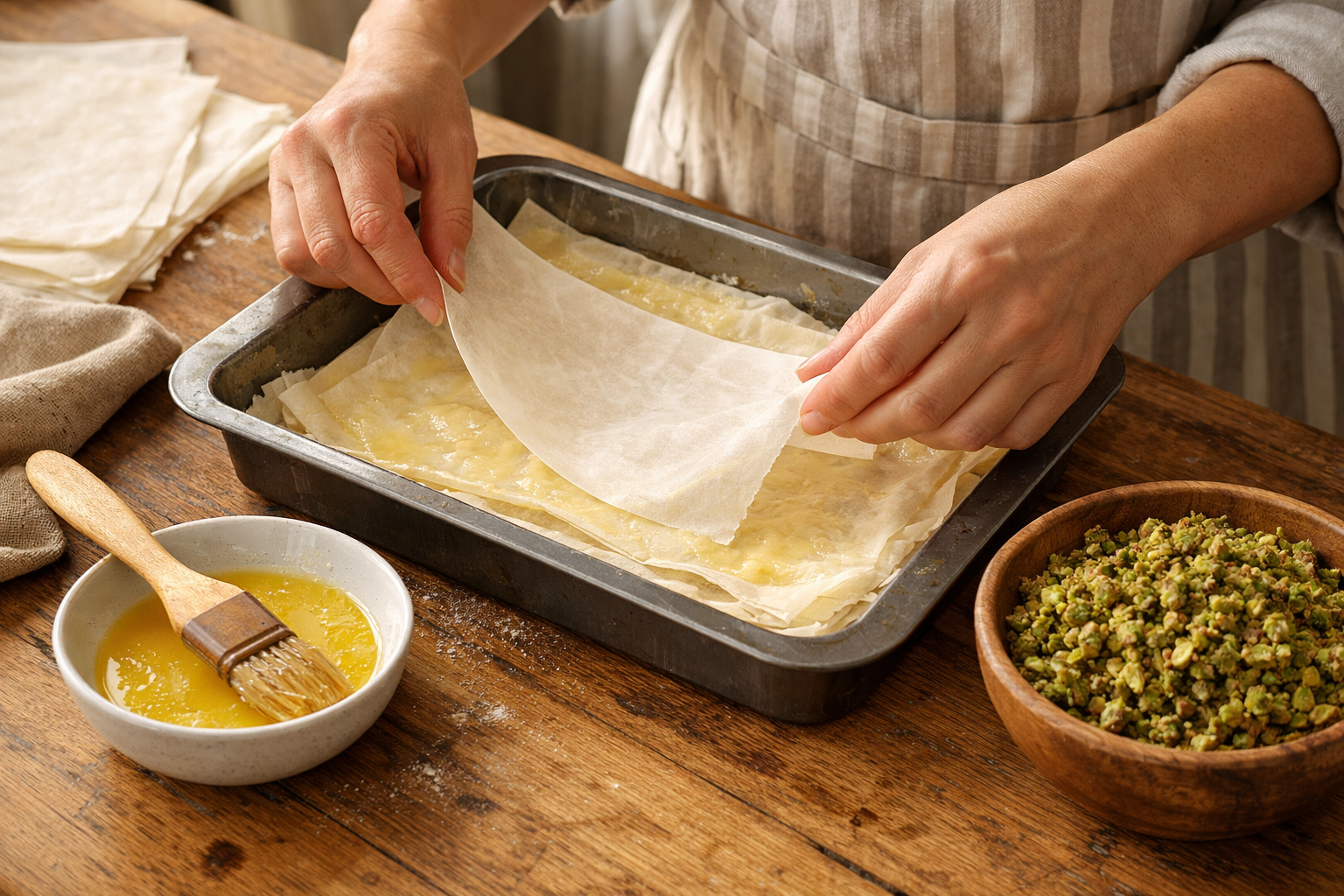 Evde hazırlanan baklava tepsisinin katmanlama aşaması