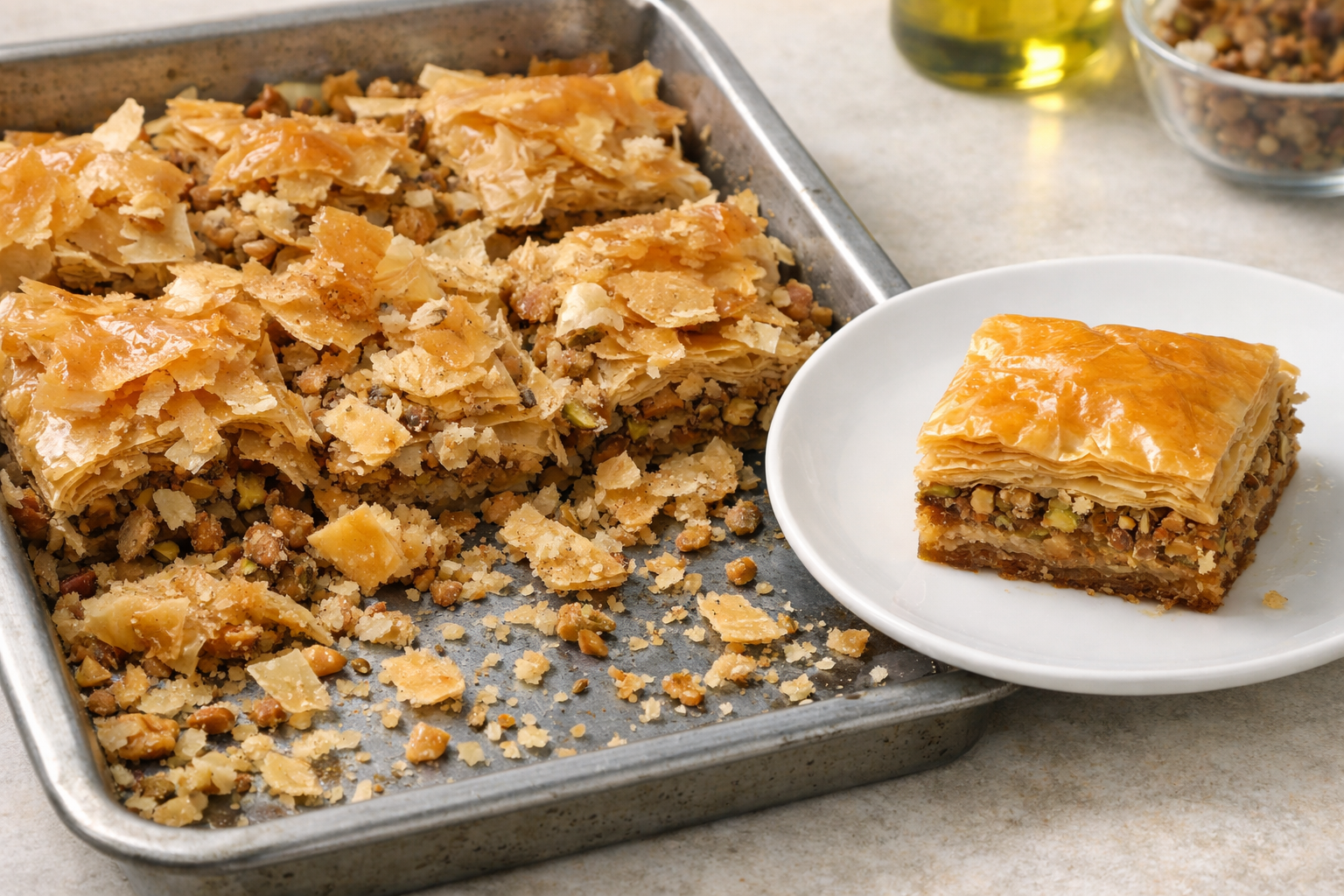 Pişirme sonrası kesilmiş baklavada kırılmış üst katmanlar