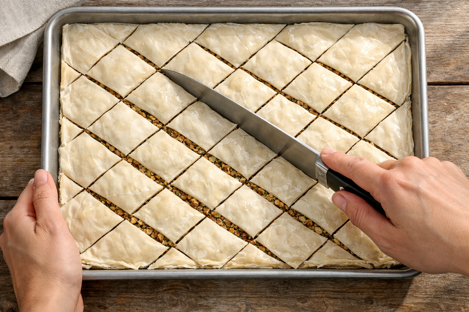 Baklavanın pişirme öncesi tepside kesilmiş hâli