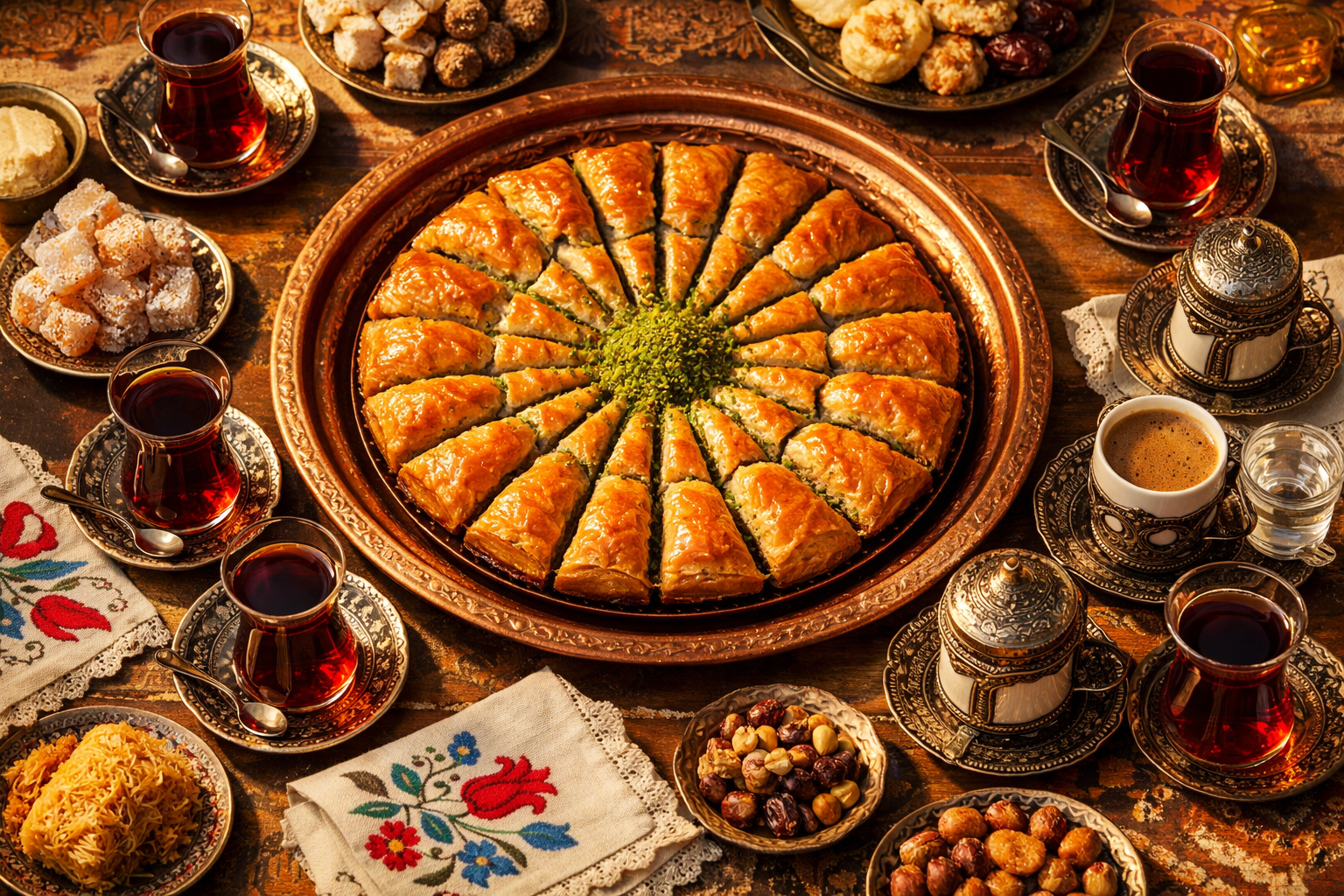 Baklavanın çay eşliğinde misafir sofrasında sunumu