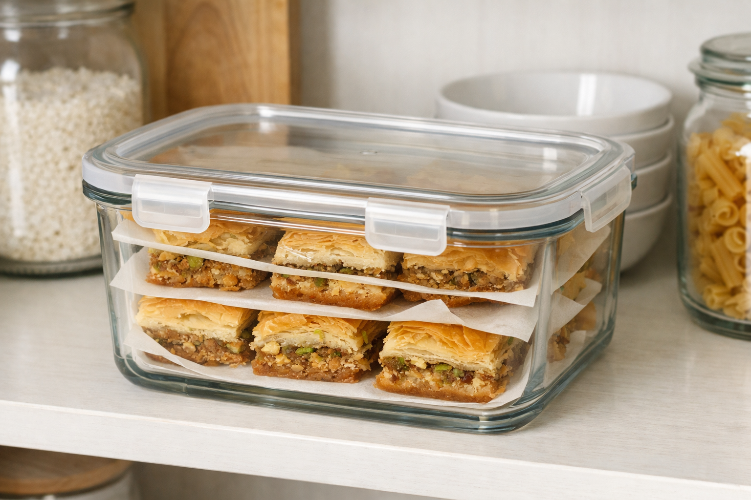 Cam kapaklı kapta saklanan baklava parçaları