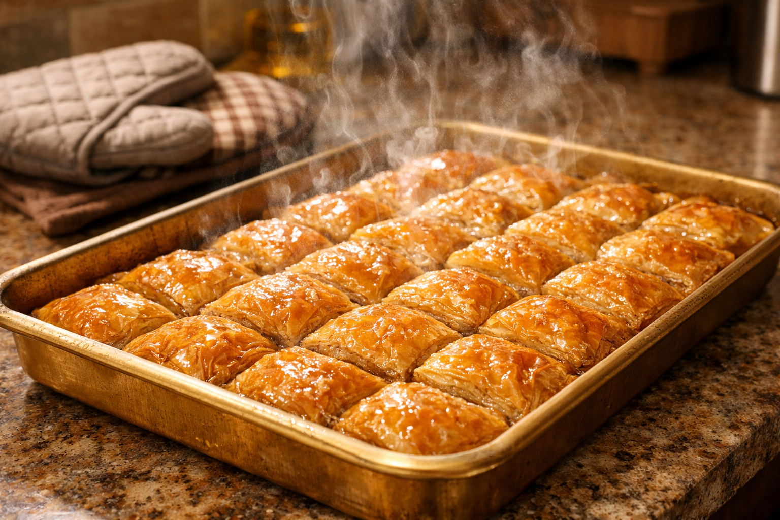 Fırından yeni çıkmış sıcak baklavanın yakın görünümü