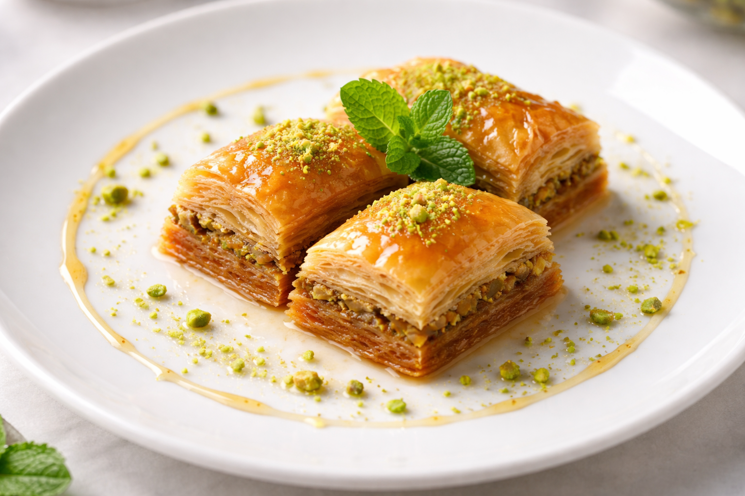 Beyaz porselen tabakta düzenlenmiş baklava parçaları